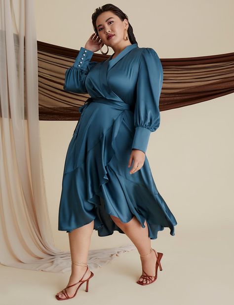 Bishop Sleeve Wrap Dress | Women's Plus Size Dresses | ELOQUII Plus Size Work Dresses, Cocktail Attire For Women, Plus Size Party Dresses, Mob Dresses, Business Casual Dresses, Cocktail Attire, Bishop Sleeve, Midi Length Dress, Business Casual Outfits