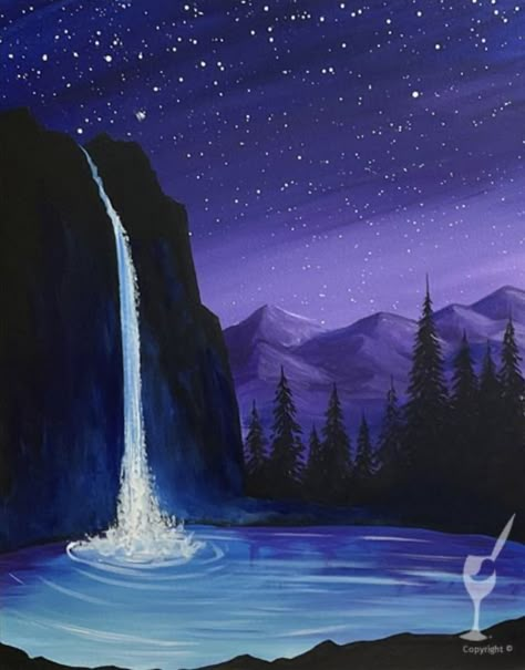 Painting With A Twist Ideas Step By Step, Acrylic Landscape Paintings Easy, Painting With A Twist Ideas, Sharpie Art Projects, Oil Painting Lessons, Waterfall Paintings, Toro Inoue, Art Zine, Art Nouveau Flowers