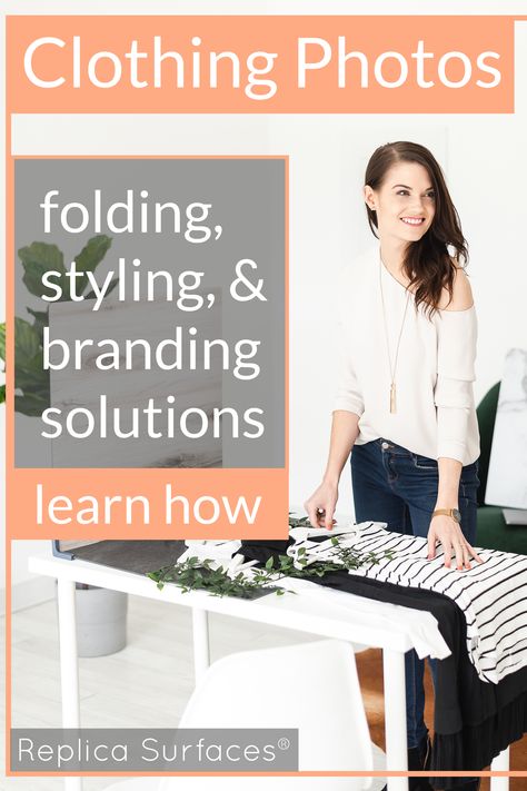 Check out all the hacks when it comes to clothing photos for your business. Folding, styling, and branding solutions here! | Replica Surfaces #photography #backdrops #productphotos Surfaces Photography, Photograph Clothing, Flat Lay Photography Clothing, Replica Surfaces, Blogging Photography, How To Fold Pants, Photography Backdrops Diy, Reselling Clothes, Umbrella Photography