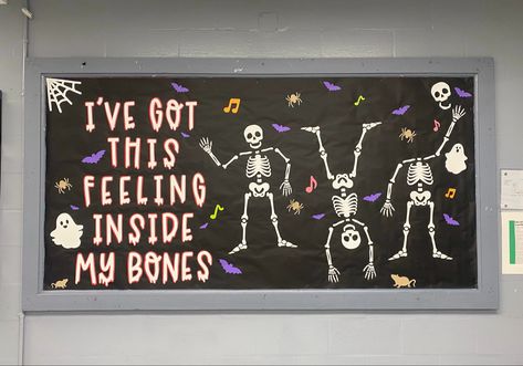 “Ive got this feeling inside my bones” #halloween #october #bulletinboardideas Skeleton Bulletin Board Ideas, Halloween Door Decorations Physical Therapy, Skeleton Door Decoration For School, Halloween Health Bulletin Boards, Bulletin Board Halloween, Skeleton Classroom Door, Skeleton Bulletin Board, Halloween Classroom Decorations, October Bulletin Boards