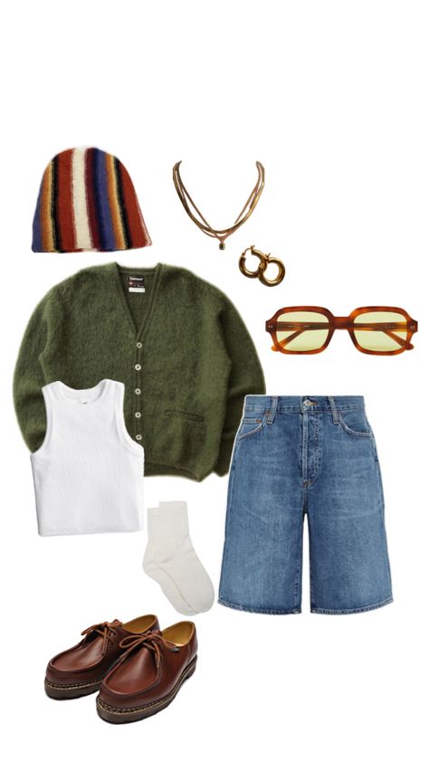 green cardigan, jort, paraboot Green Cardigan, Cardigan Outfits, Swaggy Outfits, Outfit Inspo Fall, Casual Style Outfits, Mode Inspiration, Lookbook Outfits, Dream Clothes, Retro Outfits