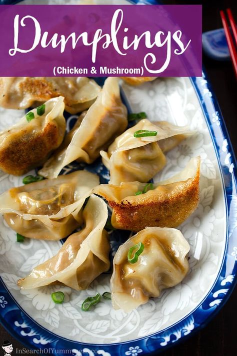 Pan fried dumplings are easier to make than you think! These crispy dumplings have a tasty chicken, mushroom and cabbage filling. These dumplings are steamed while pan-frying, so you don't have to boil them first. That's one less step, and one less pot to wash! Get the #recipe at InSearchOfYummyness.com.   #ChineseDumplings #Potstickers #PanFriedDumplings #ChineseNewYear #AsianRecipes #Chicken #Mushrooms