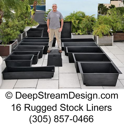 Landscape Architect grade solutions for your plastic planter liner needs at factory direct pricing: 16 stock sizes of DeepStream's proprietary roto-molded planter liners with threaded drains in 100% recycled Linear Low-Density Polyethylene (LLDPE). Special needs? Custom-Welded Planter Liners in 1/4", 3/8", or 1/2" co-polypropylene, as used in the construction of large chemical tanks. Planter Box Liners, Restaurant Planters, Planter Box Designs, Planter Liners, Commercial Planters, Plastic Planter, Diy Planter Box, Fiberglass Planters, Planter Design