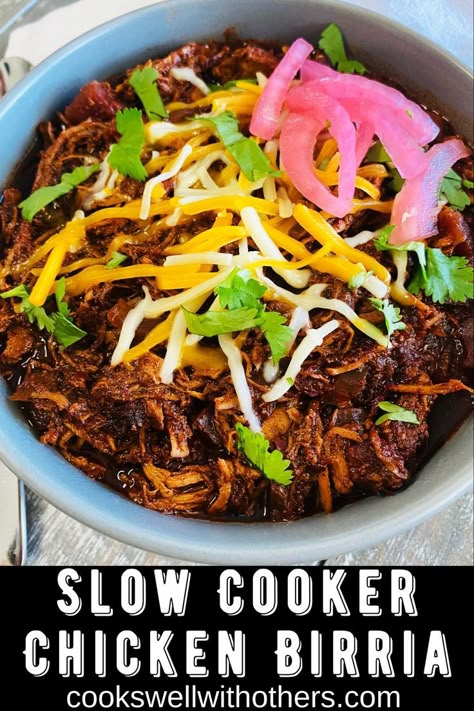 chicken chili in a bowl with cheese and cilantro Birria Taco Bowl, Barbacoa Crock Pot Chicken, Crock Pot Chicken Birria Tacos, Birria Chicken Tacos Recipe Crockpot, Mexican Food Slow Cooker, Crockpot Chicken Birria Tacos, Slow Cooker Chicken For Tacos, Berria Tacos Crock Pot, Birria Chicken Tacos Recipe