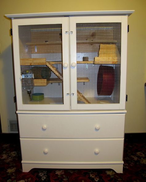 DIY Chinchilla Pet Cage; outside view of a chinchilla cage we fashioned from a secondhand armoire. Hedgehog Cage, Diy Guinea Pig Cage, Chinchilla Pet, Guinea Pig Hutch, Chinchilla Cage, Ferret Cage, Rat Cage, Hamster Cages, Bunny Cages