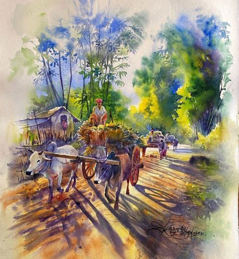 Bullock Cart Drawing, Indian Watercolor Paintings, Watercolour Composition, Landscape Watercolor Paintings, 4 Canvas Paintings, What Is Art Deco, Tamil Culture, Watercolour Landscape Painting, Bullock Cart