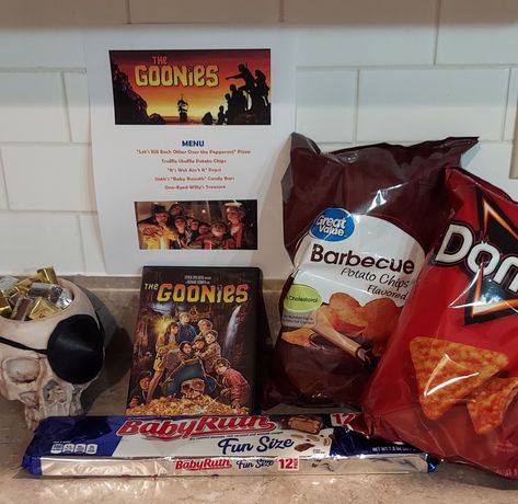 Goonies Movie Night, Disney Movie Themed Dinner, Family Movie Night Snacks, Movie Dinner, Diy Movie Night, Goonies Movie, Potato Chip Flavors, Movie Food, Movie Night Dinner