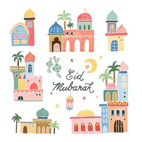 Premium Vector | Eid mubarak greeting card with islamic mosque hand drawn watercolor illustration Eid Sketch, Sketch Islamic, Mosque Sketch, Background For Wedding Invitation, Arabic Illustration, Muslim Background, Arabic Pattern Design, Wreath Background, Camels Illustration