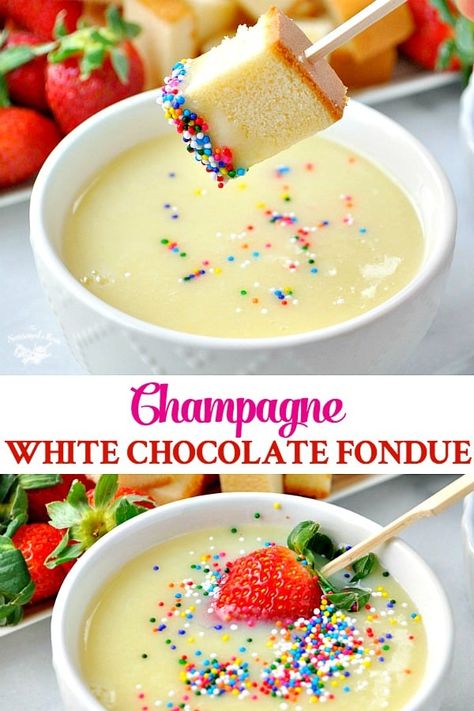 You only need 4 ingredients and about 15 minutes for this Champagne White Chocolate Fondue recipe! The easy dessert is perfect for a holiday party, a New Year's Eve gathering, or a romantic Valentine's Day date! White Chocolate Fondue, Fondue Dinner Party, Easy Chocolate Fondue Recipe, Easy Fondue, Dessert Fondue, Beer Cheese Fondue, Fondue Dinner, Chocolate Fondue Recipe, Fondue Night