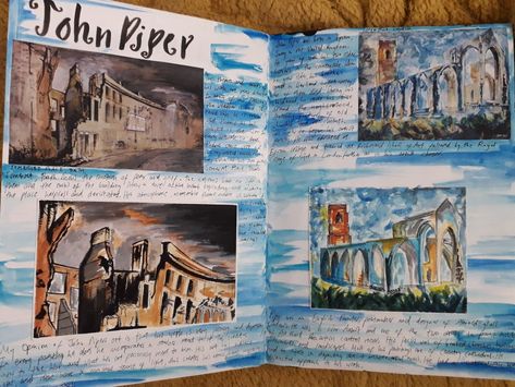 John Piper~GCSE art John Piper Artist Research Page, Places And Spaces Gcse Artists, Old And New Art Gcse, Places And Spaces Gcse Art Sketchbook, Spaces And Places Art Gcse, Places And Spaces Gcse Art, Architecture Textiles, John Piper Artist, A Level Art Themes