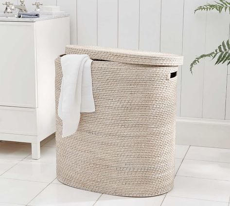 White Perry Round Laundry Hamper | Pottery Barn Rattan Bathroom Accessories, Laundry Sorting, Bath Organization, Room Planner, Laundry Hamper, Pottery Barn Teen, Bath Furniture, Free Interior Design, Bathroom Sets