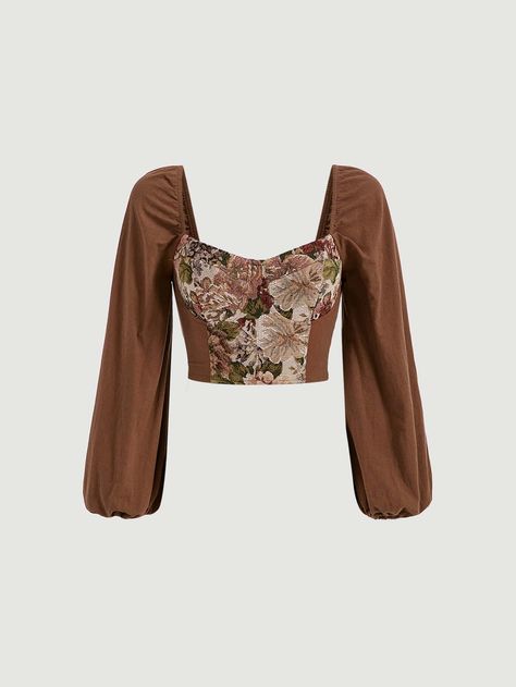 Evermore Outfits, Sweetheart Neck Blouse, Floral Top Outfit, Vintage Floral Top, Style Royal, Estilo Real, Brown Blouse, Dress Aesthetic, Floral Jacquard