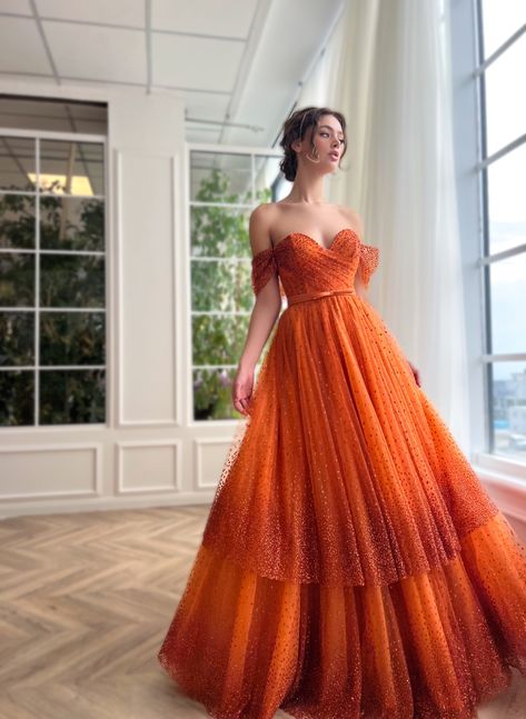 Teuta Matoshi Dresses, Matoshi Dress, Orange Gown, Sequins Gown, Teuta Matoshi, Orange Prom Dresses, Wedding Evening Gown, Pretty Prom Dresses, Orange Dress