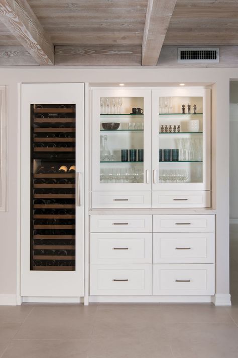 White, modern, wine storage refrigerator with built-in cabinetry Wine Refrigerator Ideas, Built In Cabinetry, Modern Wine Storage, Refrigerator Ideas, Florida Condos, Wine Refrigerator, Condo Living, Food Preservation, Bar Areas