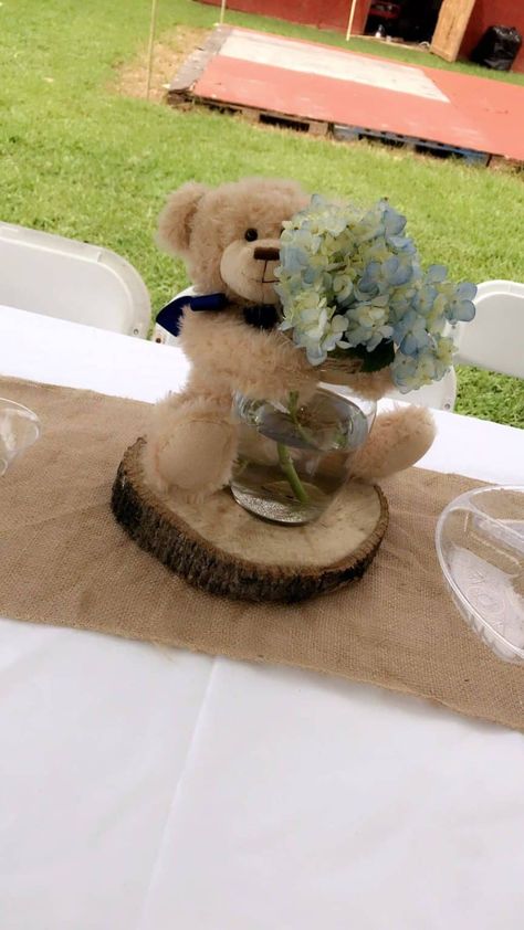 11+ Creative Ideas for Teddy Bear Centerpieces - One Sweet Nursery Ready Bear Center Piece, Simple Bear Centerpieces, Gender Reveal Teddy Bear Theme Centerpieces, Teddy Bear And Flowers Centerpieces, Simple Teddy Bear Centerpieces, Bear Themed Centerpieces, Teddy Bear Mason Jar Centerpieces, Teddy Bear Flower Centerpiece, Boho Teddy Bear Centerpieces