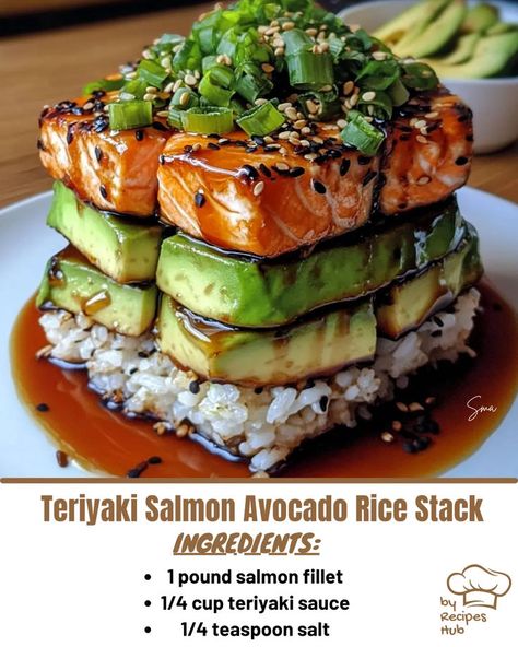 Teriyaki Salmon Avocado Rice Stack Salmon Stack Recipe, Crispy Teriyaki Tofu And Avocado Rice Stack, Teriyaki Salmon Avocado Rice Stack, Beef Tips And Noodles, Salmon Teriyaki, Salmon Meal Prep, Avocado Rice, Flaked Salmon, Mexican Casserole Recipe