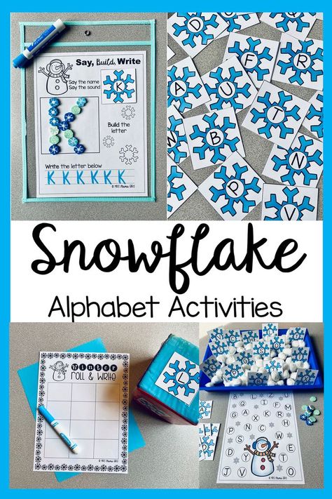 Preschool Winter Name Activities, Winter Abc Activities Preschool, Winter Letter Recognition Preschool, Winter Phonics Activities Preschool, Snowflake Writing Activity, Snowflake Alphabet Letters, Snowflake Theme Preschool, December Activities For Kindergarten, Winter Alphabet Activities Preschool