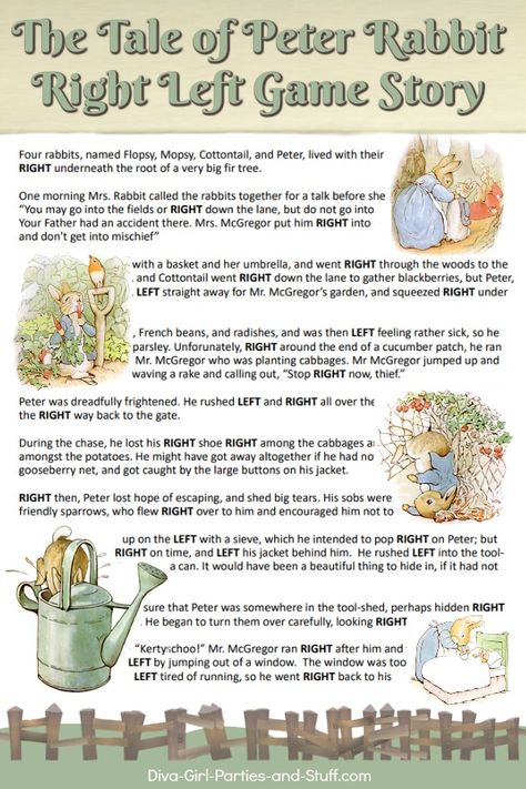 The Tale of Peter Rabbit right left game story. Perfect for schools, parties and Easter as a gift passing game. Beatrix Potter Party Ideas, Easter Left Right Game, Left And Right Game, Peter Rabbit Craft, Peter Rabbit Classroom Theme, Left Right Game For Kids, Peter Rabbit Easter, Right Left Story Game, Easter Left Right Game Free Printable