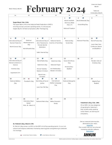 Download a printable February 2024 calendar of popular holidays and occasions with insights into the top consumer spending events of February. National Holiday Calendar, Printable December Calendar, World Wetlands Day, 2024 Printable Calendar, American Heart Month, Calendar With Holidays, February Holidays, National Day Calendar, Marketing Calendar