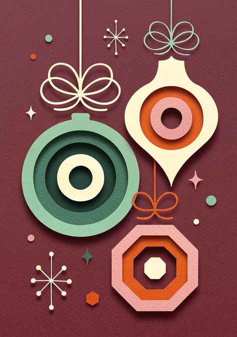 Owen's new 'Paper Ornaments' collection of Christmas greeting cards and wrapping paper, featuring three bold handcrafted paper-cut designs in a warm and festive colour palette. All items are available individually, or as a set at a discount. Each card is blank inside and comes with a recycled kraft envelope, fastened with a cellophane-free Card Catch sticker. Christmas Card Cutout, Christmas Papercut, Christmas Ornament Template, Retro Crafts, Ornament Template, Paper Christmas Ornaments, Ornament Card, Paper Cut Design, Ornament Exchange