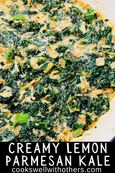 creamy cooked kale in a skillet Kale Side Dish, Lemon Kale, Creamed Kale, Best Superfoods, Steak Side Dishes, Fancy Dinner Recipes, Healthy Side Dish, Kale Recipes, Side Dishes Recipes