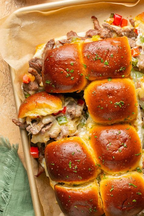 Philly Cheesesteak Sliders Philly Cheesesteak Sliders, Garlic Mayonnaise, Cheesesteak Sliders, Beef Ideas, Philly Cheese Steak Sliders, Sauteed Onions, Pizza Tacos, Cheeseburger Sliders, What Is For Dinner