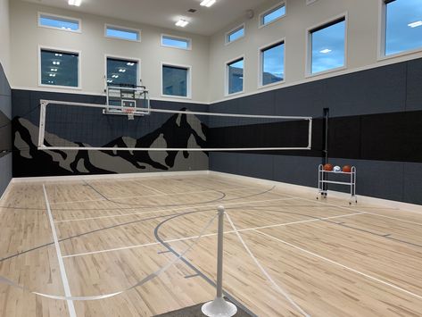 House With Basketball Court, Volleyball Room, Indoor Sports Court, Home Basketball Court, Volleyball Court, Indoor Basketball Court, Basement Inspiration, Indoor Basketball, Home Gym Design