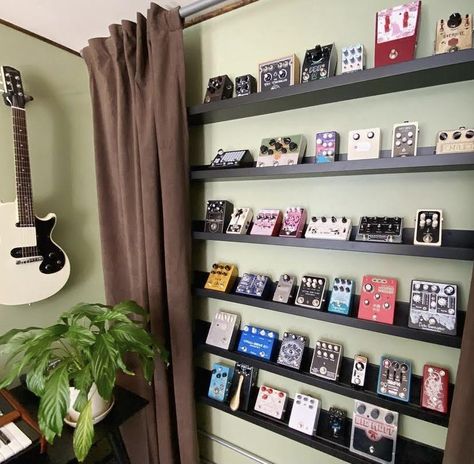 Guitar Pedal Organization, Picture Ledge Shelves, Ikea Mosslanda, Mosslanda Picture Ledge, Ikea Picture Ledge, Jam Room, Ledge Shelves, Diy Guitar Pedal, Picture Ledge Shelf