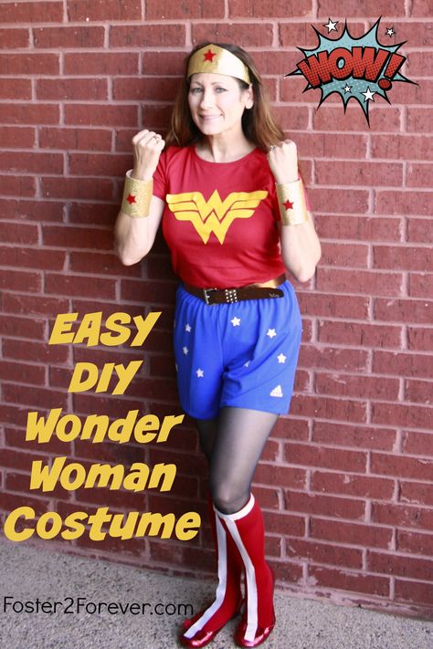 Check out this easy DIY Wonder Woman Costume! Great for Halloween or 5k running. The cuffs are made of toilet paper rolls. Wonder Woman Costume Diy, Wonder Woman Diy, Superman Halloween Costume, Superman Halloween, Wonder Woman Accessories, Wonder Woman Halloween Costume, Diy Spider, Wonder Woman Outfit, Supergirl Costume