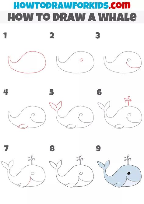 How to Draw a Whale Step by Step - Drawing Tutorial For Kids Easy Whale Drawing, Under The Sea Drawings, Underwater Drawing, Sea Creatures Drawing, Cartoon Whale, Whale Drawing, Sea Drawing, Sharks For Kids, Messy Art