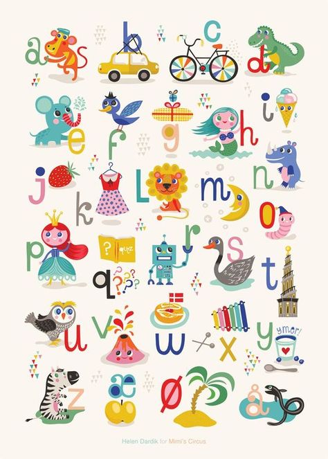 En udmærket bogstavplaket, som kan hjælpe børnene med qr visualisere lyde og bogstaver. Circus Illustration, Illustrated Alphabet, Helen Dardik, Abc Poster, Cicely Mary Barker, Abc Alphabet, Alphabet Art, Alphabet Poster, Alphabet Print