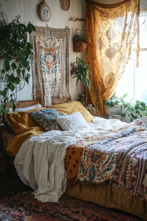 Embrace Free-Spirited Style with Bohemian Bedroom Designs 🛏️✨ Design a vibrant and eclectic bedroom with boho decor. Use colorful textiles, unique patterns, and plenty of plants for a relaxed and artistic space. 🌿🌸 #BohemianBedroom #HomeDecor #BohoStyle #BedroomInspo Boho Room With Color, Bohemian Eclectic Bedroom, Bohemian Style Bedroom, Traditional Bed Designs, Boho Bedroom Decor Hippie, Boho Bedroom Colorful, Zen Bedroom Ideas, Boho Eclectic Decor, Bohemian Bedroom Design