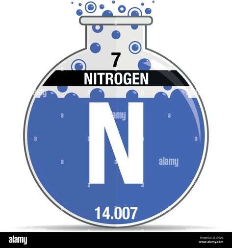 Download this stock vector: Nitrogen symbol on chemical round flask. Element number 7 of the Periodic Table of the Elements - Chemistry. Vector image - 2C170D3 from Alamy's library of millions of high resolution stock photos, illustrations and vectors. Nitrogen Element, Elements Chemistry, Element Chemistry, Element Project, Periodic Table Of The Elements, The Periodic Table, Number 7, Allianz Logo, Chemistry