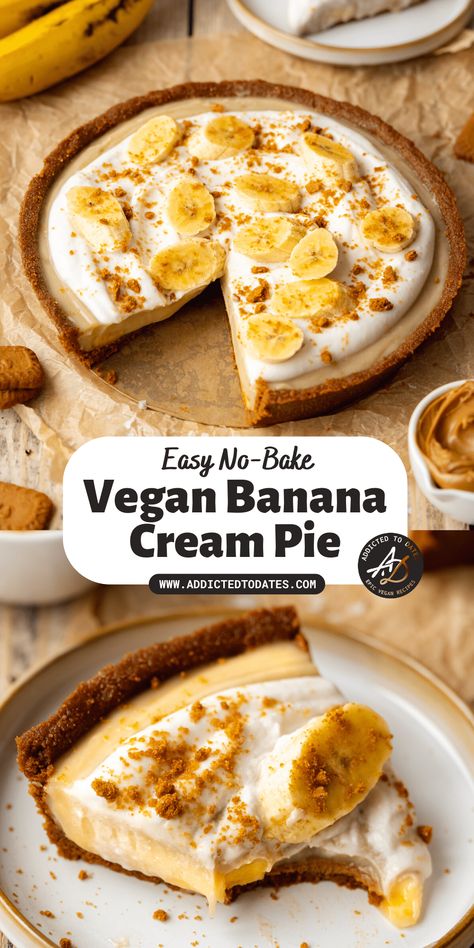 Vegan Banana Cream Pie - Addicted to Dates Vegan Bean Pie, Vegan Cream Pie, Vegan Banana Cream Pie, Whipped Cream Cookie, Vegan Custard, Vegan Banana Pudding, Vegan Bakes, Vegan Pies, Bake Banana