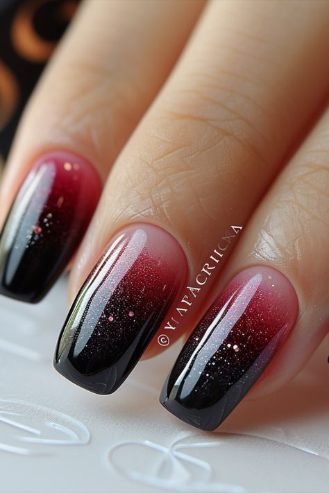 Black Ombre Nails Burgundy Black Ombre Nails, Dark Ombre Nail Designs, Ombre Nails 2024 Trends, Vampy Nails Short, Black Ombre Nail Designs, Red Black Ombre Nails, Red And Black Ombre Nails, Dark Ombre Nails, Black Ombre Nails