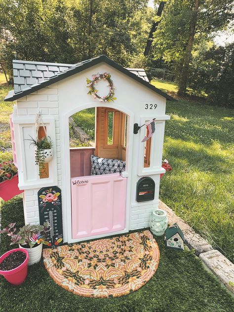 Renovated Playhouse, Playhouse Setup, Playhouse Renovation, Gothic Playhouse, Kids Playhouse Decor, Playhouse Makeover, Kids Playhouse Makeover, Painted Playhouse, Diy Playhouse Makeover