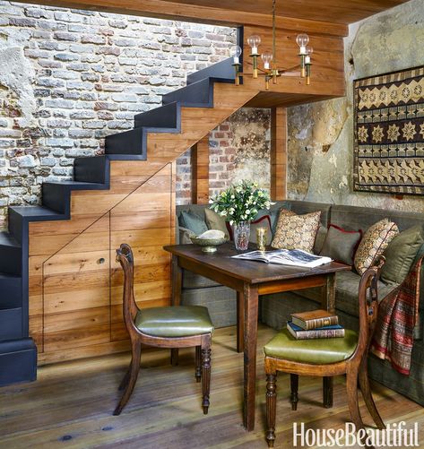 Under Staircase, Banquette Ideas, Breakfast Nook Ideas, Cozy Breakfast Nook, Charleston Homes, Under The Stairs, Black Dining Chairs, Nook Ideas, Breakfast Nooks