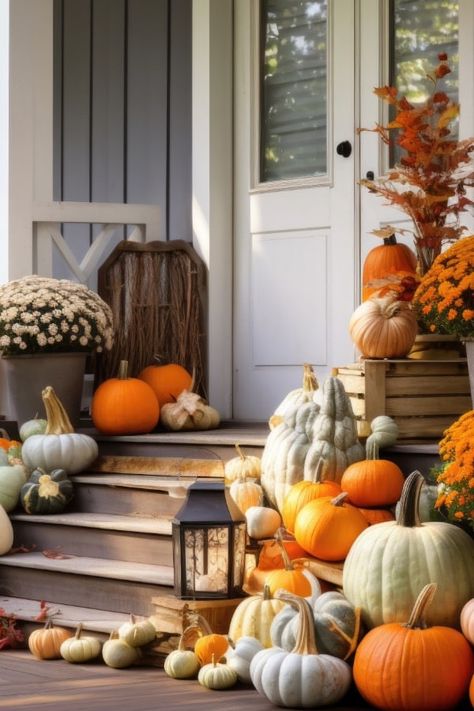 Pumpkin Porch Ideas, Black And White Porch, Pumpkin Porch Decorations, Pumpkin Stacks, Halloween Porch Ideas, Pumpkin Porch Decor, Eerie Lighting, Halloween Front Porch Ideas, Porch Ideas For Fall