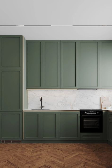 Apartment in the style of modern classics | SENCE ARCHITECTS | Archello Light Wall Colors, Kitchen Classic Modern, Dining Area Kitchen, Modern Classic Kitchen, Green Interior Design, Wood Floor Kitchen, Natural Wood Flooring, Kitchen Colour Schemes, Modern Classic Style