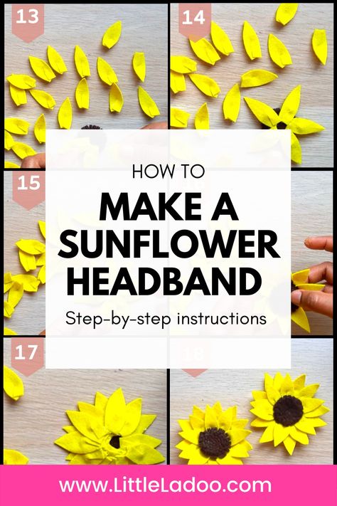 Sunflower made with felt step by step pictures How To Make Sunflower, Sunflower Headband, Plastic Headband, Felt Sheets, Felt Craft, Cute Headbands, Sunflower Wreaths, Kids' Crafts, Diy Headband