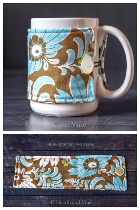 Coffee Mug Warmer Free Pattern, Quilted Mug Cozy Pattern Free, Mug Warmer Fabric, Mug Gift Wrapping Ideas Easy Diy, Coffee Mug Cozy Sewing, Mug Cosy Sewing Pattern, Tea Sewing Projects, Sewing Items To Sell, Easy Things To Sew And Sell