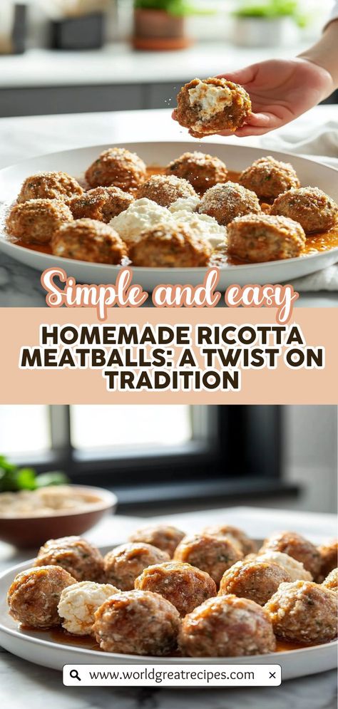 Elevate your mealtime with this easy Italian ricotta meatballs recipe that’s bursting with flavor. Made with fresh ricotta cheese, ground meat, and a blend of herbs, these meatballs are tender on the inside and crispy on the outside. Perfect for busy weeknights or special gatherings, this dish pairs wonderfully with marinara sauce and spaghetti. Follow our step-by-step guide to create a comforting and satisfying meal everyone will adore! Meatballs With Ricotta, Quick Easy Family Meals, Ricotta Meatballs, Fresh Ricotta, Cheese Stuffed Meatballs, Gourmet Dishes, Recipes Meal Prep, Meatballs Recipe, Easy Italian