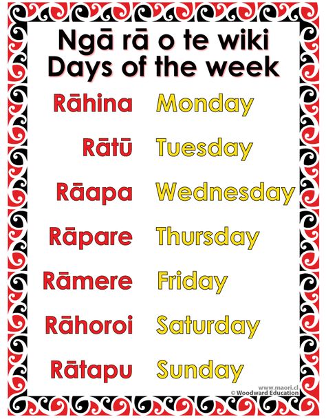 Days of the Week in Maori - Nga ra o te wiki. Eg. Ka timata te kura a tēra Rāhina Maori Names, Maori Quotes, Maori Wedding, Maori Proverbs, Maori Men, Maori Women, Maori Songs, Treaty Of Waitangi, Te Reo Maori Resources