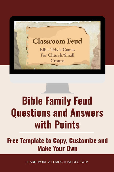 Family Feud Google Slides Template with Bible Trivia Questions and Answers with Points. With a Few Clicks You can start playing with your church group/friends. Bible Trivia Questions And Answers, Bible Family Feud, Family Feud Questions And Answers, Bible Trivia Questions, Family Feud Template, Family Feud Questions, Youth Ministry Lessons, Bible Trivia, The 10 Commandments