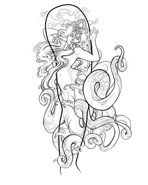 Sketch Greek Mythology, Mythology Tattoo Ideas, Greek Mythology Tattoo Ideas, Mythical Tattoos, Siren Tattoo, Female References, Octopus Tattoo Design, Octopus Tattoos, Greek Mythology Tattoos