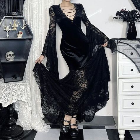 WANT or NEED? 🖤 🌹 Get this Gothic Vampire Lace Bell Sleeves Deep Neckline Long Dress 🦇 FREE SHIPPING Worldwide 🦇 . . . #gothclothes #altgoth #alternativelook #goth #gothic #gothgirl #alternativestyles #gothootd #fashionideas #gothaesthetic #gothfashion #darkfashion #gothlife #gothvibes #ootd #altfashion #gothbabe #gothmodel #gothstyle #black #metal #metalgirl #gothicstyle #metalheadgirl #outfitinspo #gothicfashion #outfitinspiration #metalchick #y2kfashion #gothicgirl Fairy Grunge Dress, Clean Goth, Gothic Lace, Halloween Gothic, Gothic Vampire, Grunge Dress, Vintage Fairy, Vintage Fairies, High Waist Dress