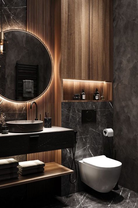 Grey Wood Bathroom Ideas, Mens Small Bathroom Ideas, Bathrooms Ideas Modern, Black And Cream Bathroom, Bathroom Rendering, Masculine Bathroom, Modern Bathroom Design Ideas, Bathrooms Ideas, Industrial Home Design