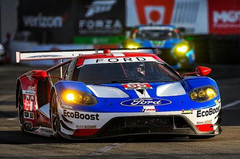 2017 Le Mans - Ford GT - LMGTE Pro.  Ford has a fight on their hand at the 2017 Le Mans 24.  The team's best qualifying result for the legendary endurance race was P5, behind the Aston Martin's in P1 and P3,  and the Ferrari's in P2 and P4.  The Ford team won the class last year, but may have trouble repeating the feat in 2017. Ford Gt Le Mans, Ford Gt 2017, Normal Cars, Ford Mustang Cobra, Mustang Cobra, Gt Cars, Ford Gt40, Sports Car Racing, Indy Cars