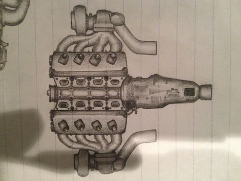 Twin-Turbo V8 Sketch. Pencil on Paper. Drawn by Pablo I. Diaz. V8 Engine Drawing, Turbo Drawing, Engine Sketch, Engine Drawing, Truck Drawings, Car School, Tank Drawing, Corkboard Ideas Decor, Bike Drawing