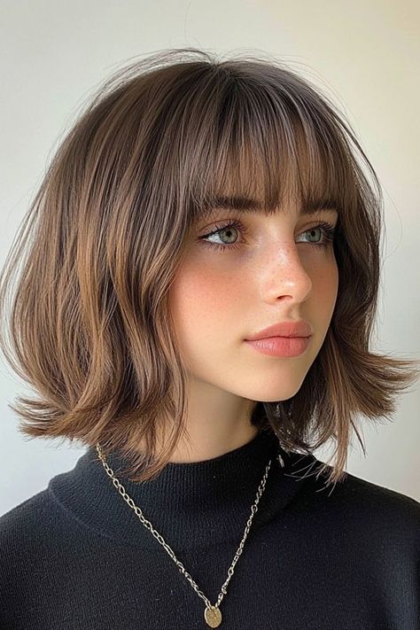 17. Classic French-Inspired Bob with Bangs This classic French-inspired bob is the epitome of effortless charm and elegance. The chin-length cut is softly layered to create gentle movement, while the blunt bangs add a vintage yet timeless touch. Braids Wavy Hair, New Hairstyle Quotes, Hairstyle Quotes, Short Bobs With Bangs, Brunette Bob, French Bob, Layered Bob Haircuts, Bob Hairstyles With Bangs, Classic Bob